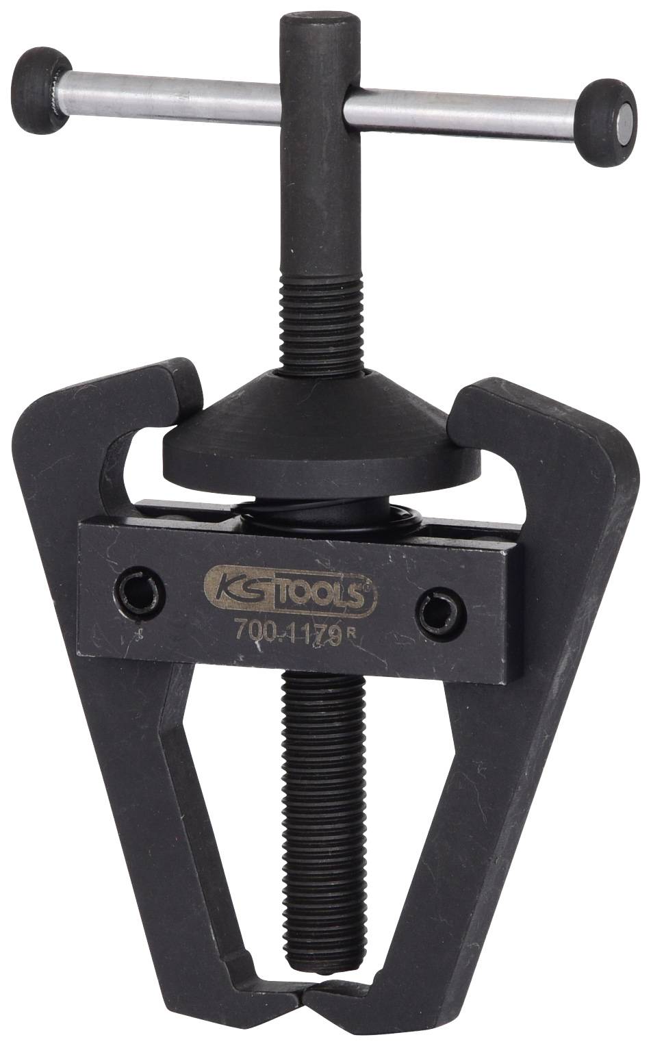 Nell'immagine è raffigurato un estrattore nero a due bracci con una vite centrale per la rimozione di parti bloccate, marca 'KS Tools'.