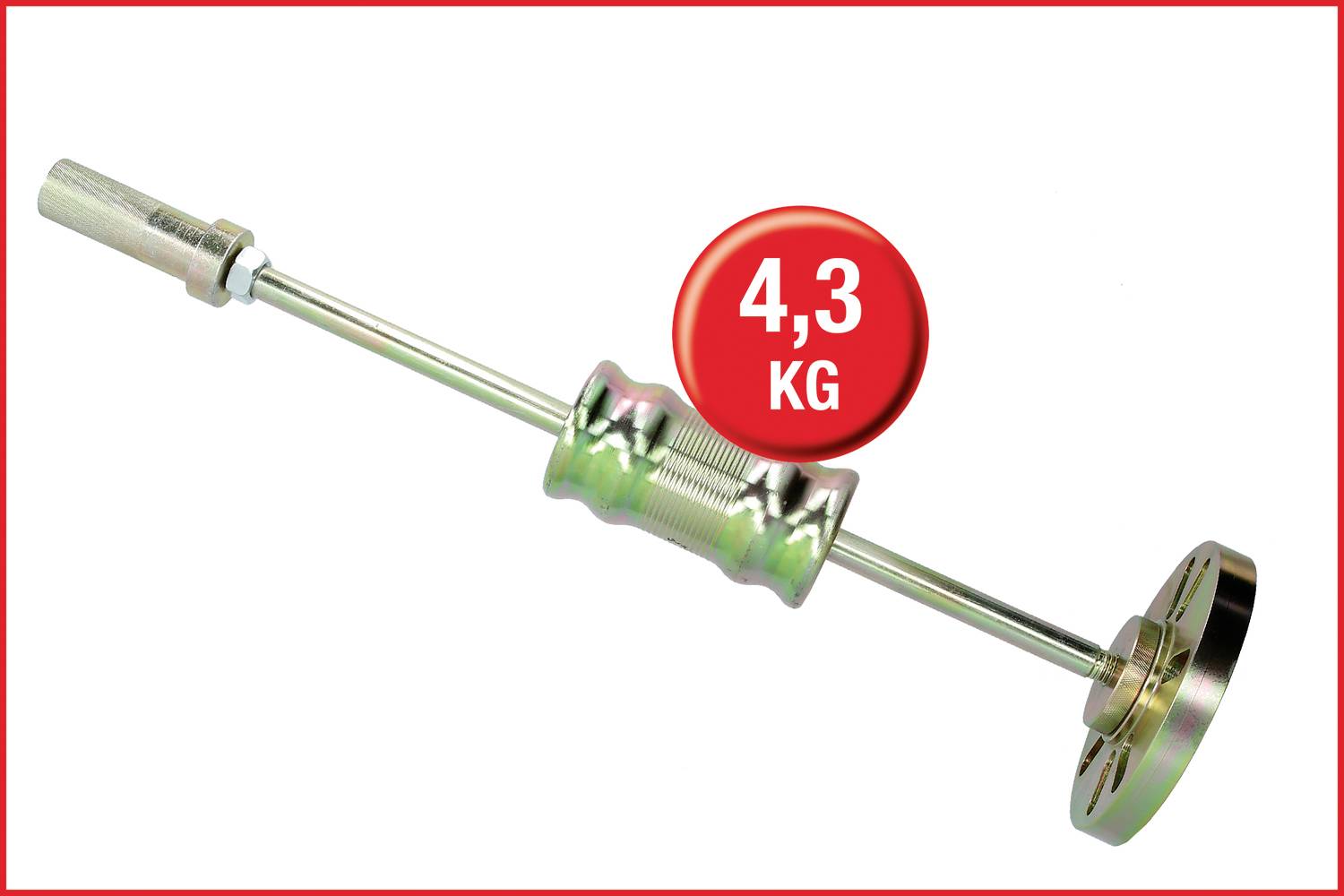 Bilanciere con disco pesata e scritta '4,3 KG' su cerchio rosso. Adatto per esercizi fitness o sollevamento pesi.
