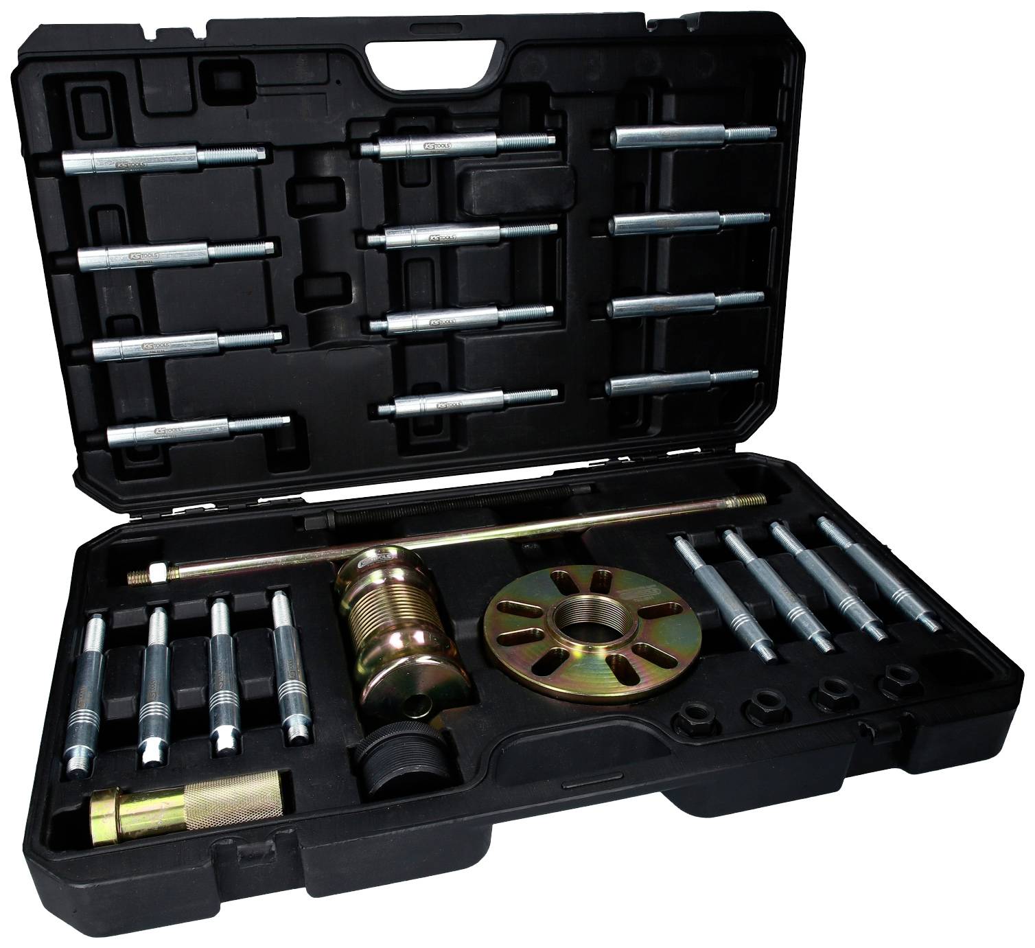 Un cassetta degli attrezzi aperta con diversi componenti metallici, tra cui inserti per cacciavite e adattatori per lavori di riparazione.