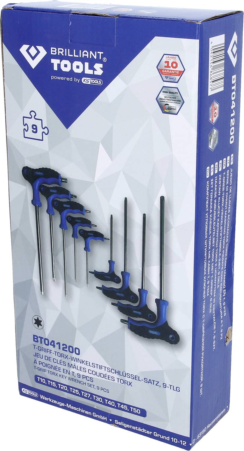 Confezione di un set di chiavi Torx a braccio angolare con impugnatura a T a 9 pezzi di Brilliant Tools, mostrato con impugnature blu e dimensioni Torx.