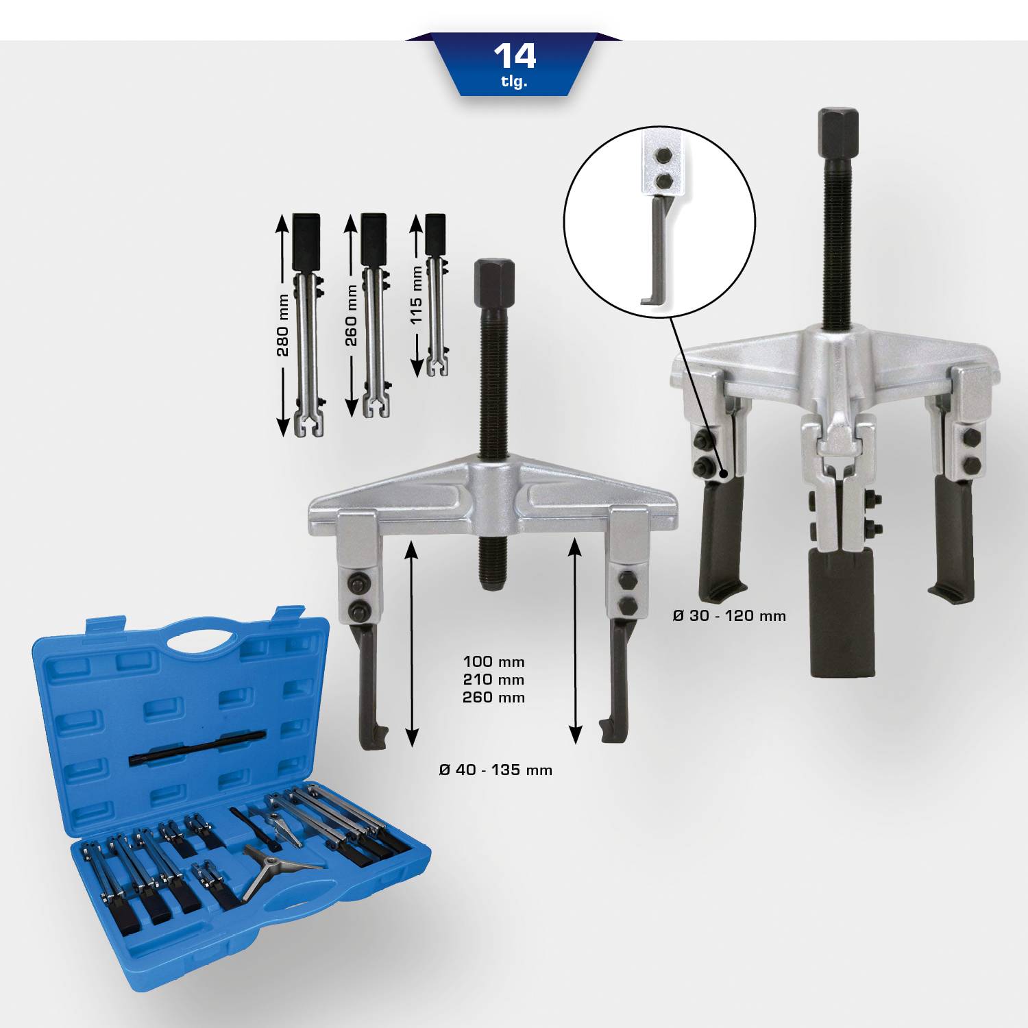 Set di 14 estrattori in una valigetta blu. Diverse dimensioni per differenti applicazioni mostrate.