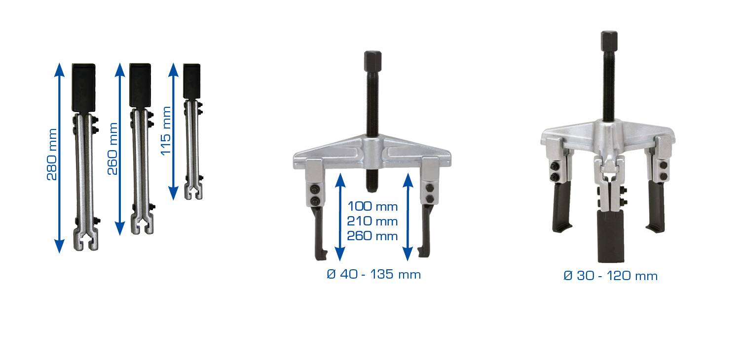 Due estrattori idraulici, uno da 260 mm, uno con bracci regolabili in altezza (100, 210, 260 mm); campo di applicazione: 30-120 mm e 40-135 mm.