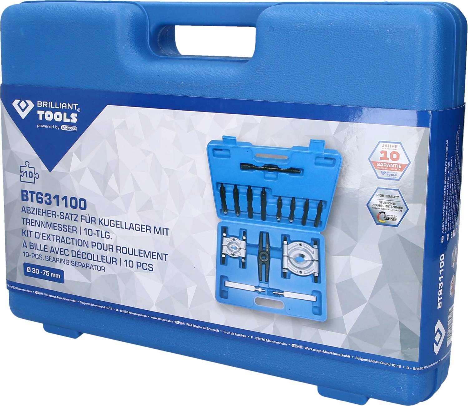 Valigetta degli attrezzi blu con scritta 'BT631100 Set di estrattori per cuscinetti'. Contiene un set di coltelli separatori, 10 pezzi, da 30 a 75 mm.
