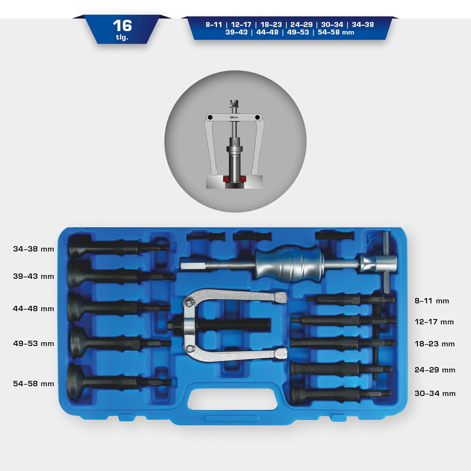 Un set di 16 estrattori per cuscinetti interni di diverse dimensioni, disposti in una custodia blu. Intervallo di dimensioni: 8-58 mm.