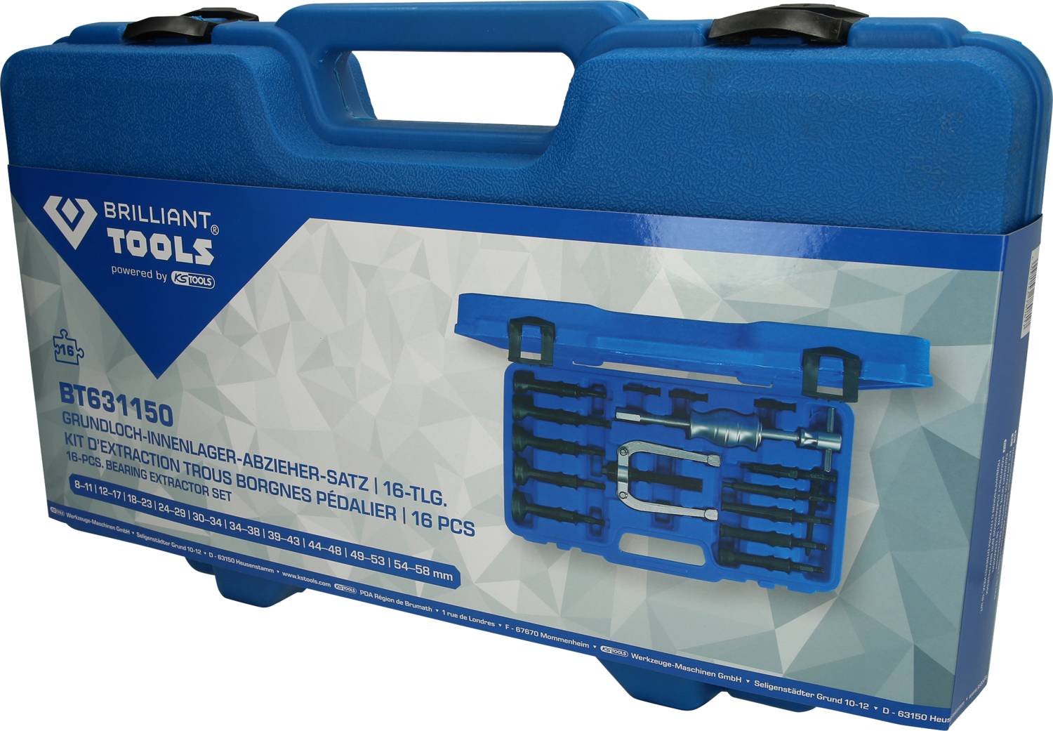 Valigia blu di 'Brilliant Tools' con un set di estrattori interni per cuscinetti con 16 pezzi, come raffigurato sulla confezione.