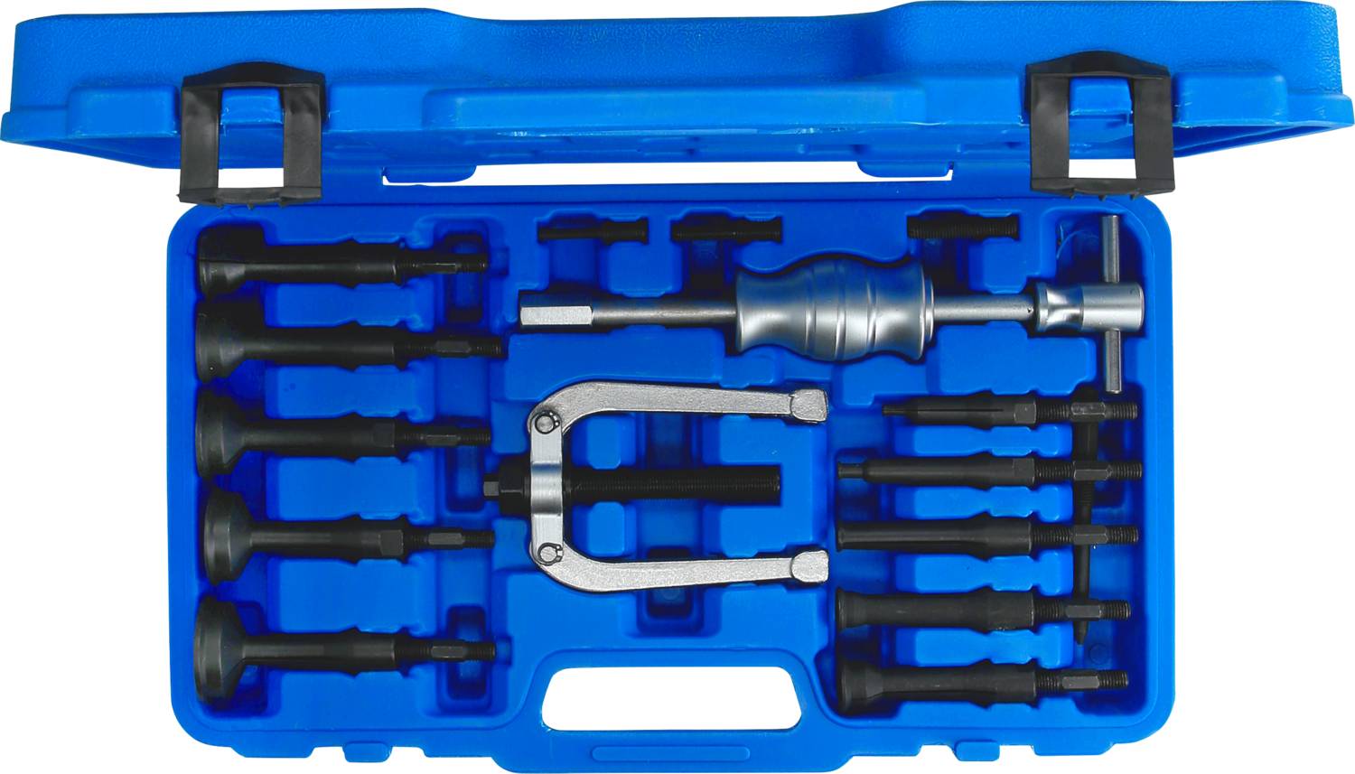Valigetta blu in plastica con set di estrattori in metallo: diversi adattatori, martello a percussione e accessori per riparazioni meccaniche.