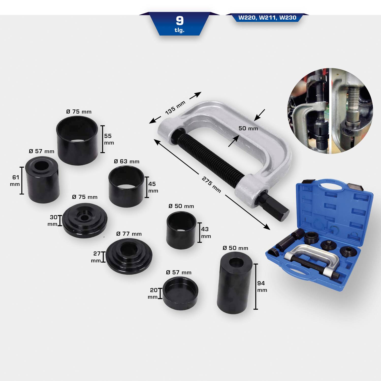 Nell'immagine sono visibili attrezzi per la manutenzione dei climatizzatori per auto, tra cui un utensile di pressatura e adattatori all'interno di una valigetta blu.