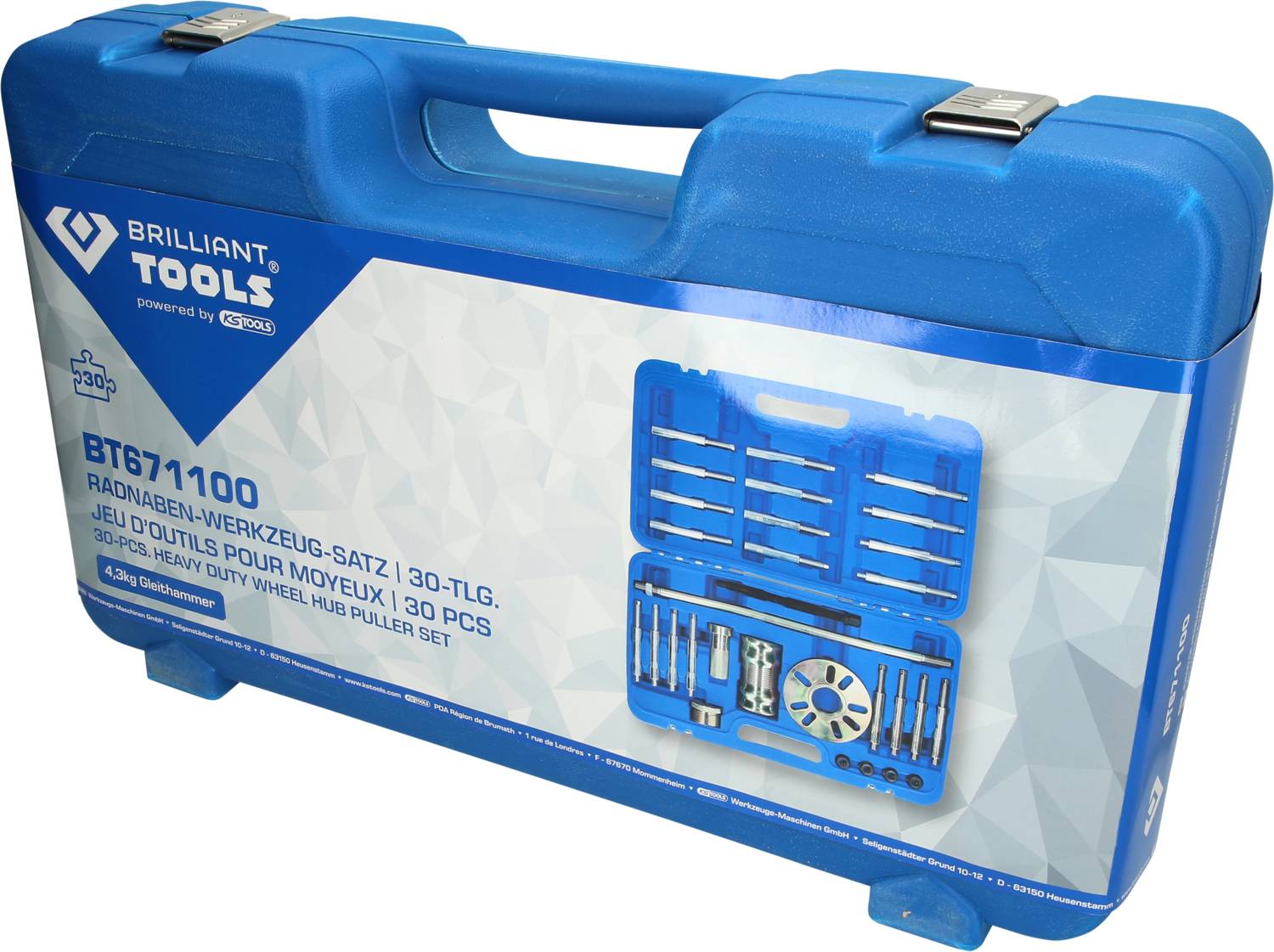 Valigetta degli attrezzi blu con testo 'BT6711100, Set di utensili per mozzi ruota, 30 pezzi, Brilliant Tools'. Immagine di un set di utensili sulla confezione.