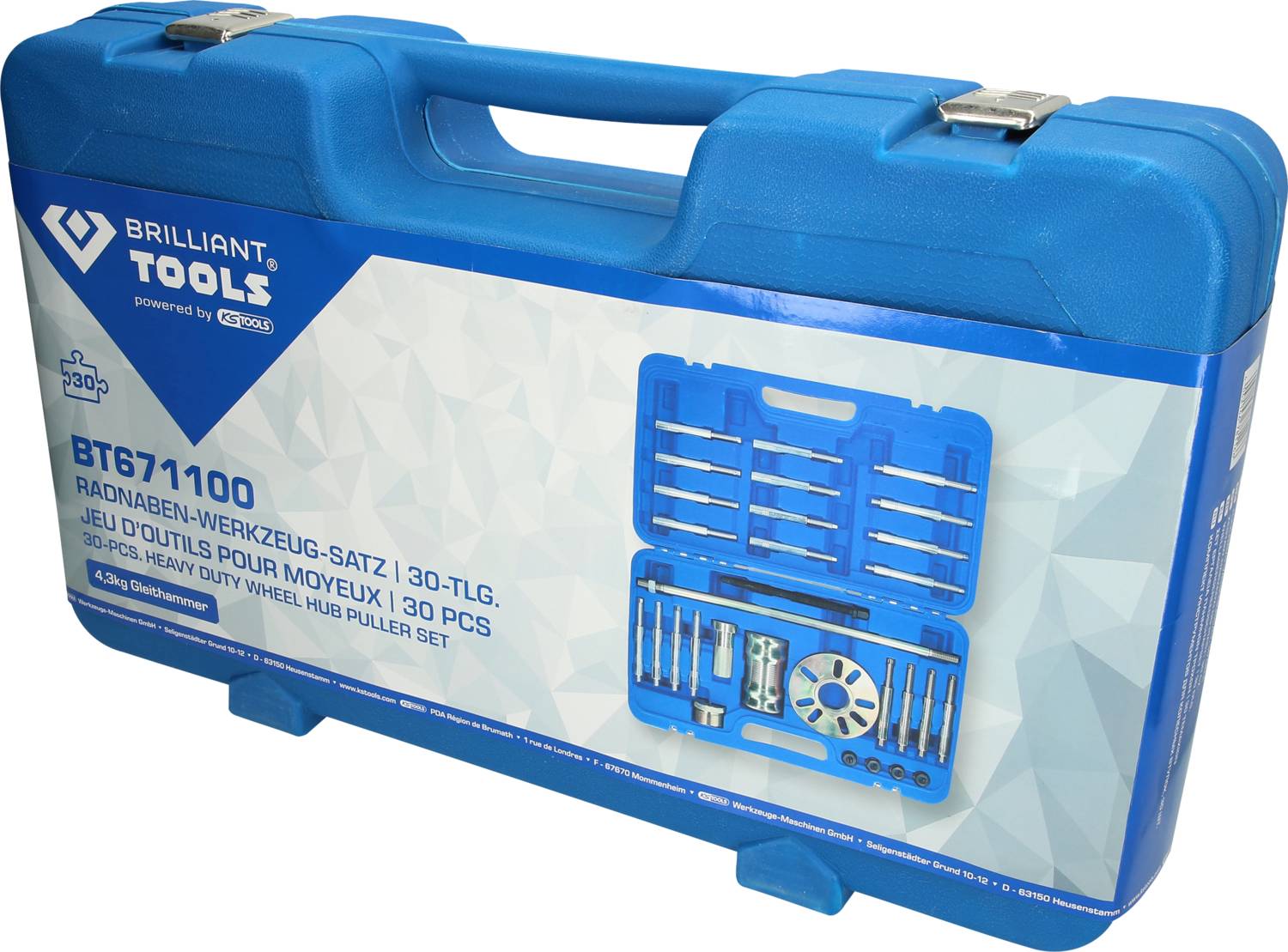 Valigetta degli attrezzi blu con logo 'Brilliant Tools' e scritta 'Set di attrezzi per mozzi ruota, 30 pezzi' con contenuto illustrato.