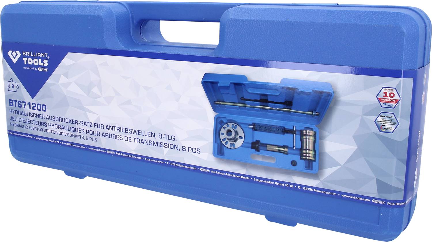 Valigia blu con scritta 'Brilliant Tools BT671200'. Contiene un set estrattore idraulico per alberi di trasmissione composto da 8 pezzi.