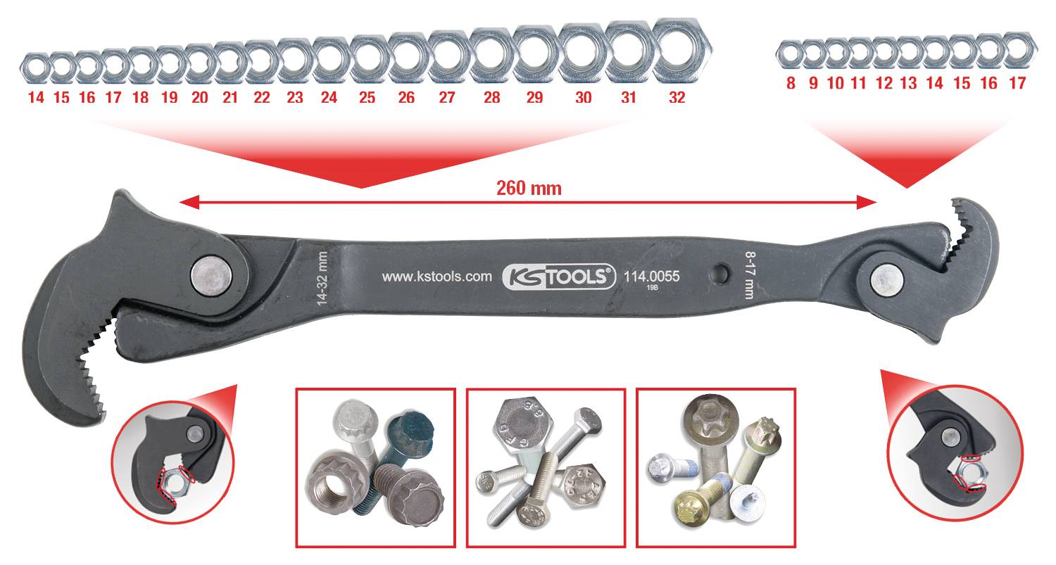 Pinza regolabile per dadi, adatta per dadi da 9 a 32 mm. Include esempi di dadi e scenari applicativi.