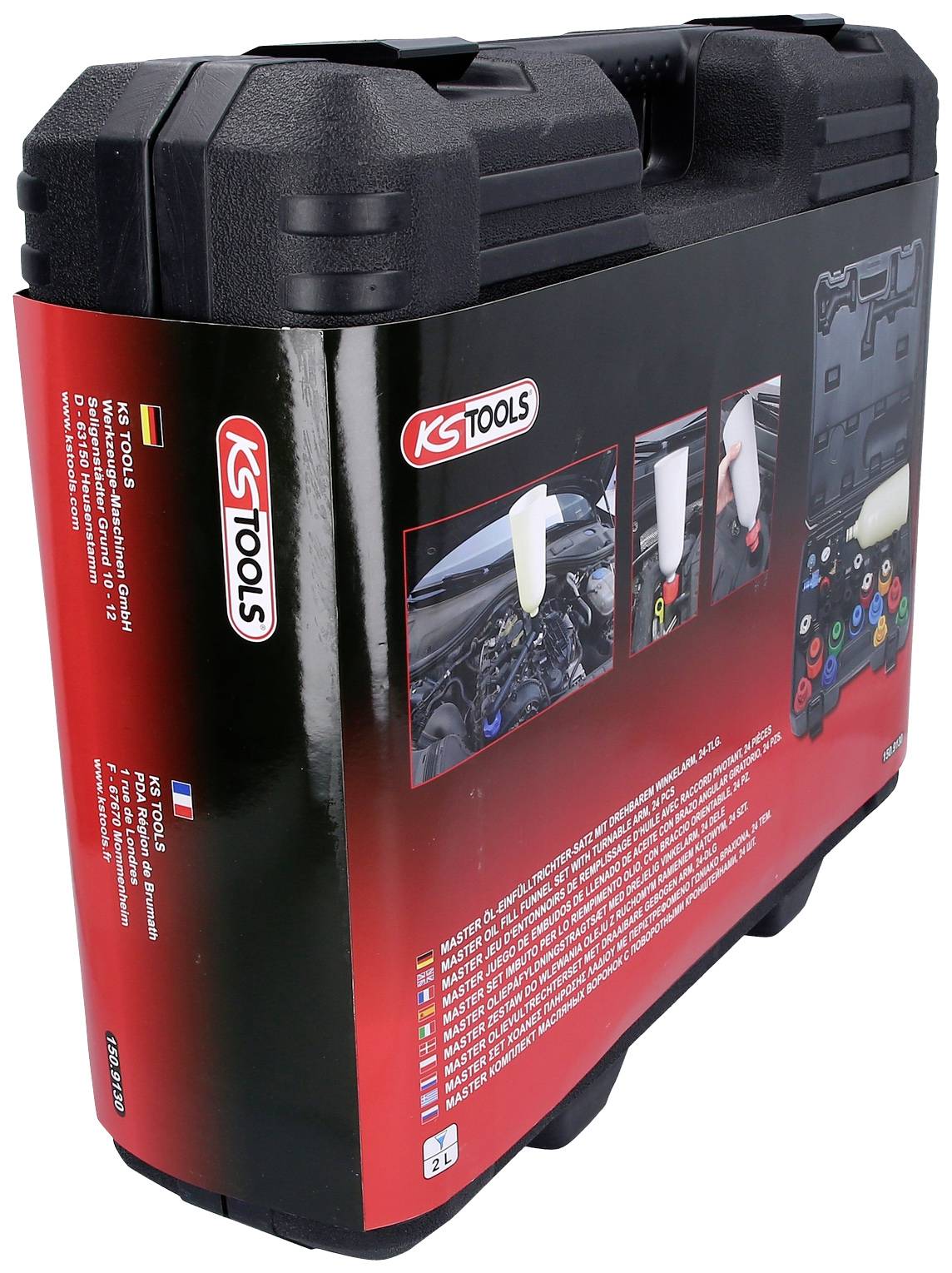 Valigetta degli attrezzi nera di KS Tools con etichetta rossa e informazioni sul prodotto. Contiene immagini per l'utilizzo e la manutenzione degli utensili.