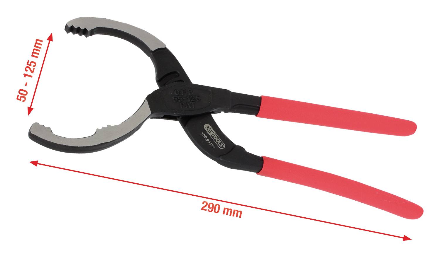 Pinza per filtri dell'olio rossa e nera con apertura regolabile da 50 a 125 mm e lunghezza totale di 290 mm, ideale per rimuovere i filtri.