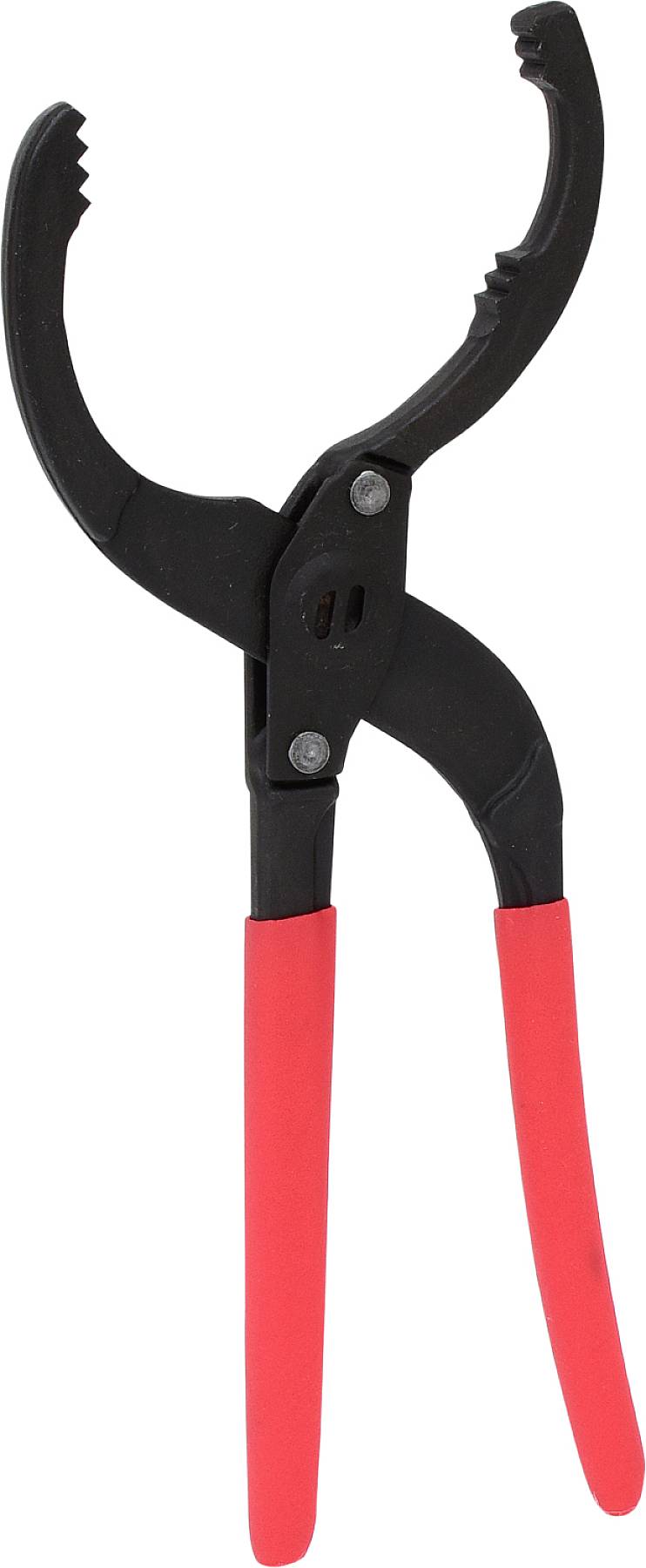 Pinza per filtri dell'olio nera con impugnature rivestite in gomma rossa.