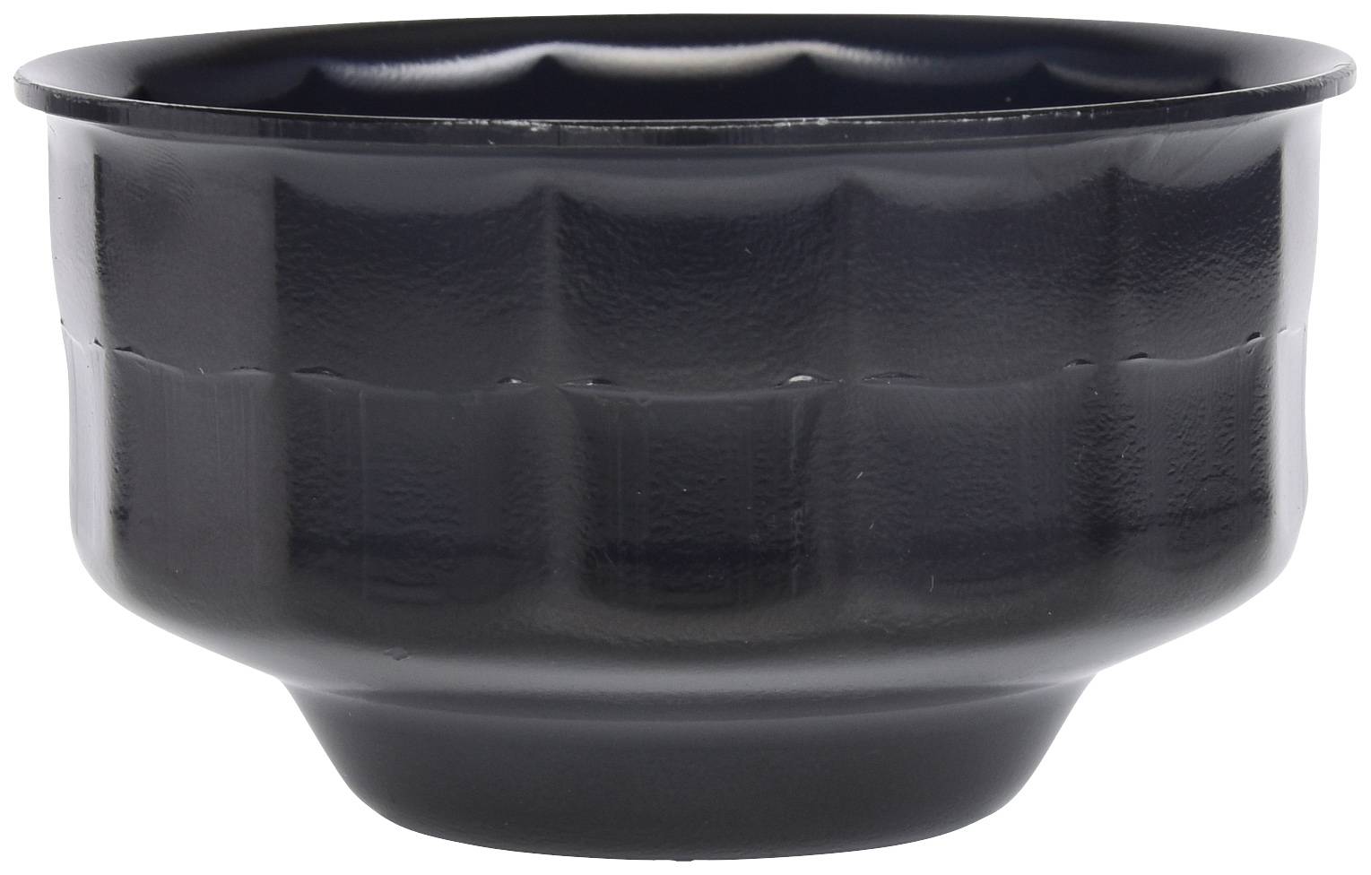 Ciotola di plastica nera, rotonda, con superficie leggermente ondulata.