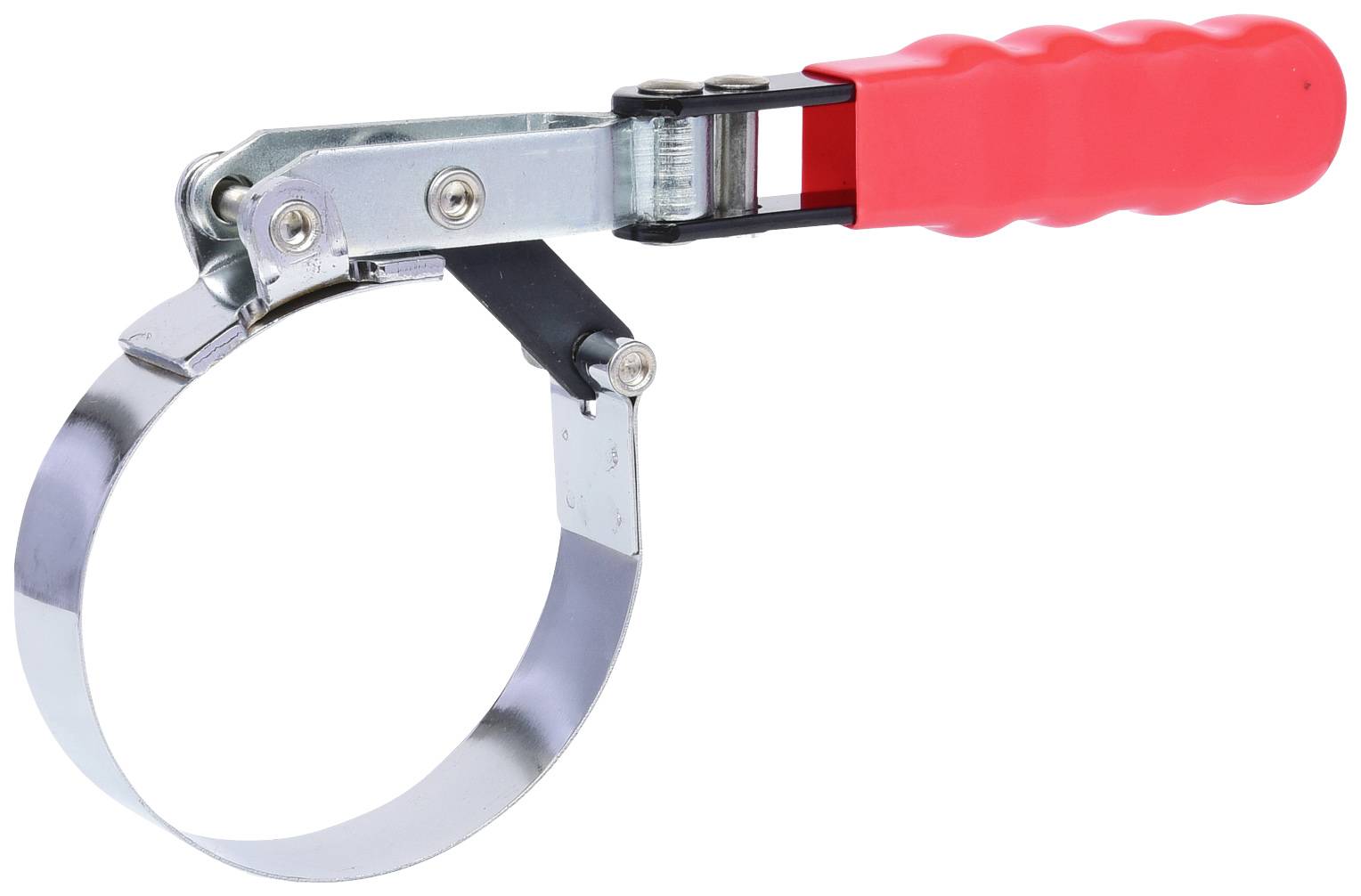 Un rimuovi-filtro olio con impugnatura in plastica rossa e una fascetta metallica, utilizzato per allentare i filtri a vite.