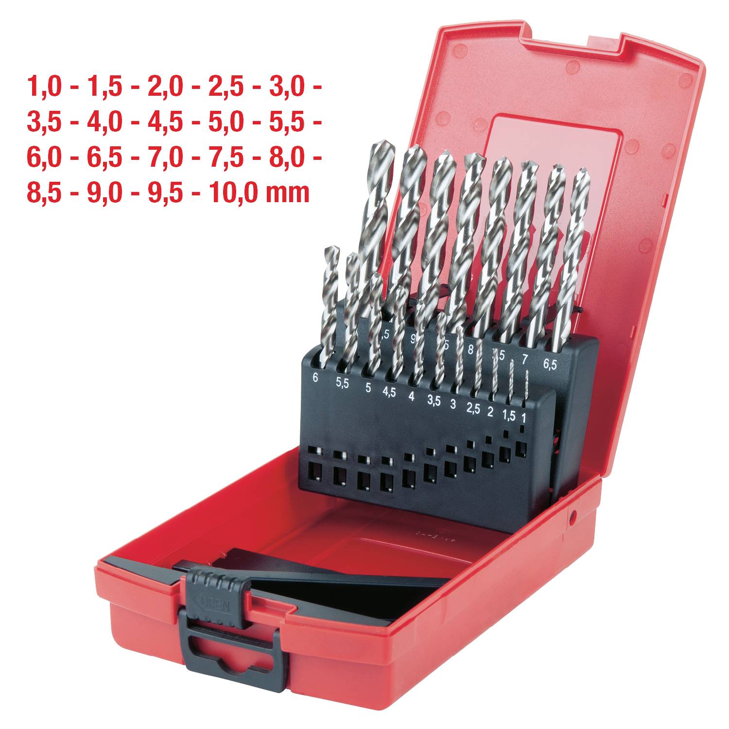 Set di punte metalliche in un contenitore rosso in plastica. Misure da 1,0 mm a 10,0 mm.