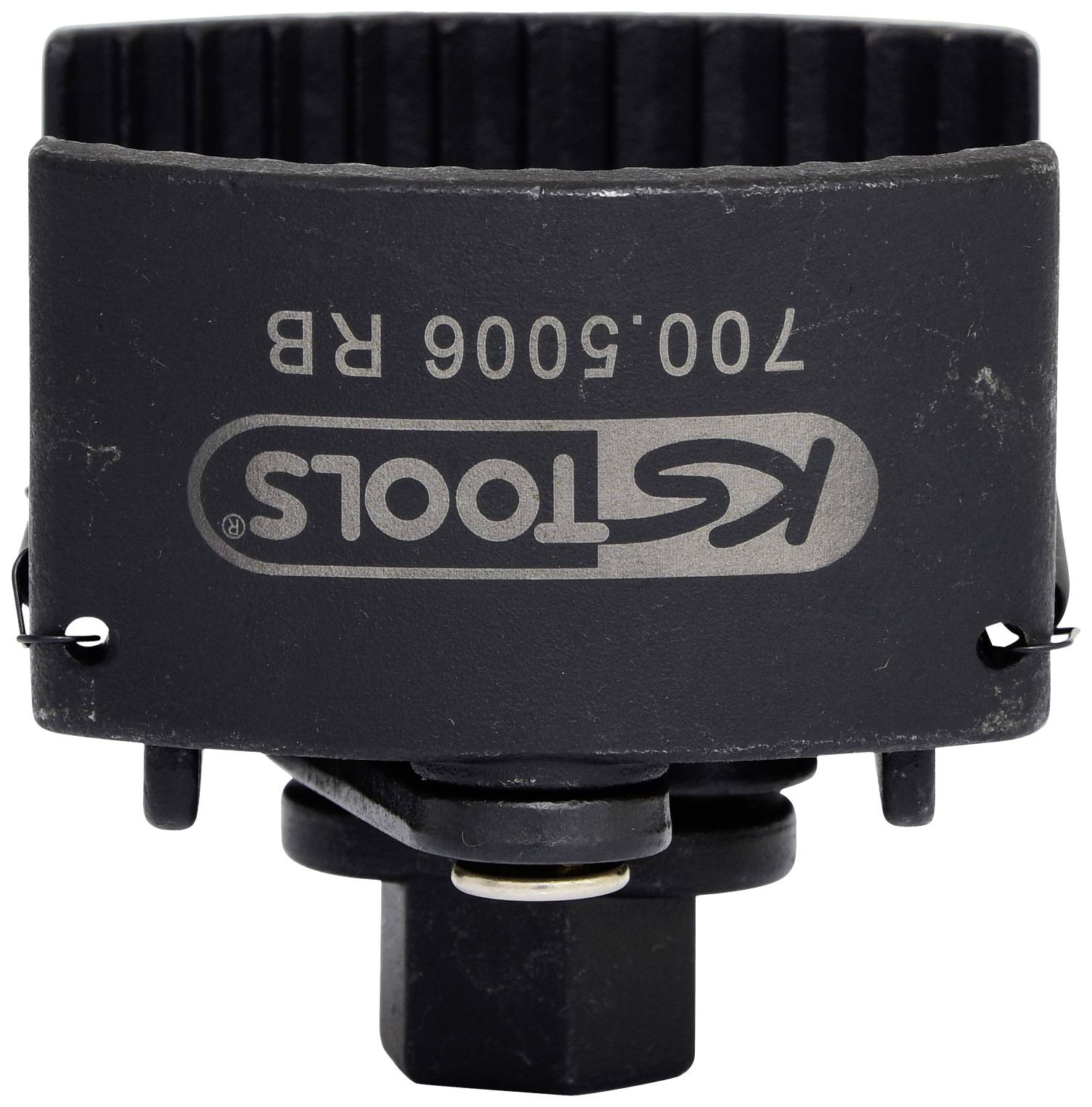 Chiave a bussola nero KS TOOLS per filtro olio, modello 100.5006 RB, per manutenzione auto. Forma cilindrica con impugnatura.