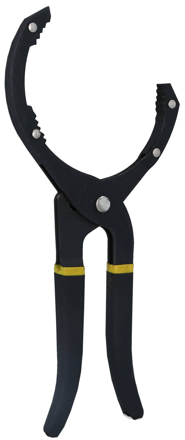 Chiave per filtro olio, colore nero, con impugnature antiscivolo e dettaglio giallo. Ideale per rimuovere filtri dell'olio difficili da togliere.