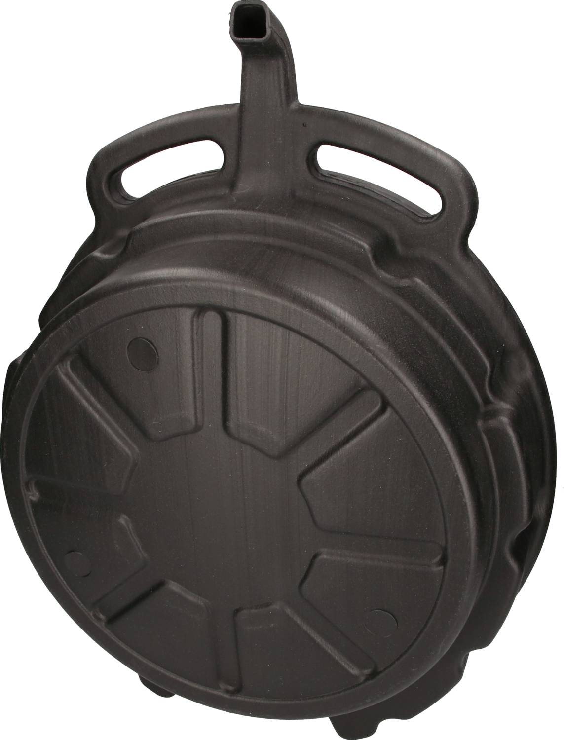 Un contenitore nero rotondo con manici in alto, adatto per conservare diversi liquidi o materiali.