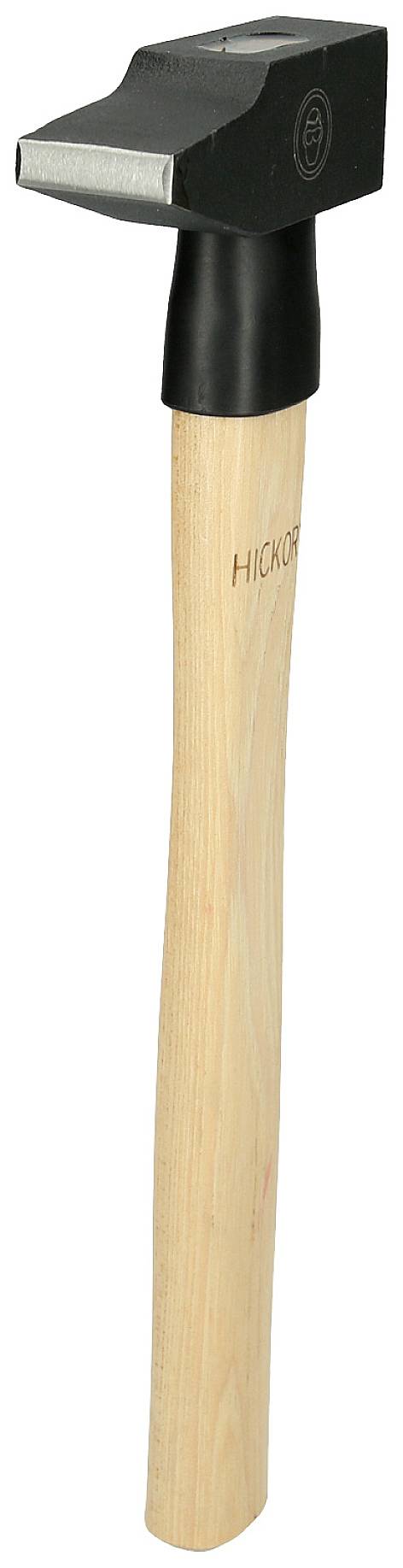 Un martello da fabbro con una testa nera e un manico in legno. La parola 'Hickory' è stampata sul manico.