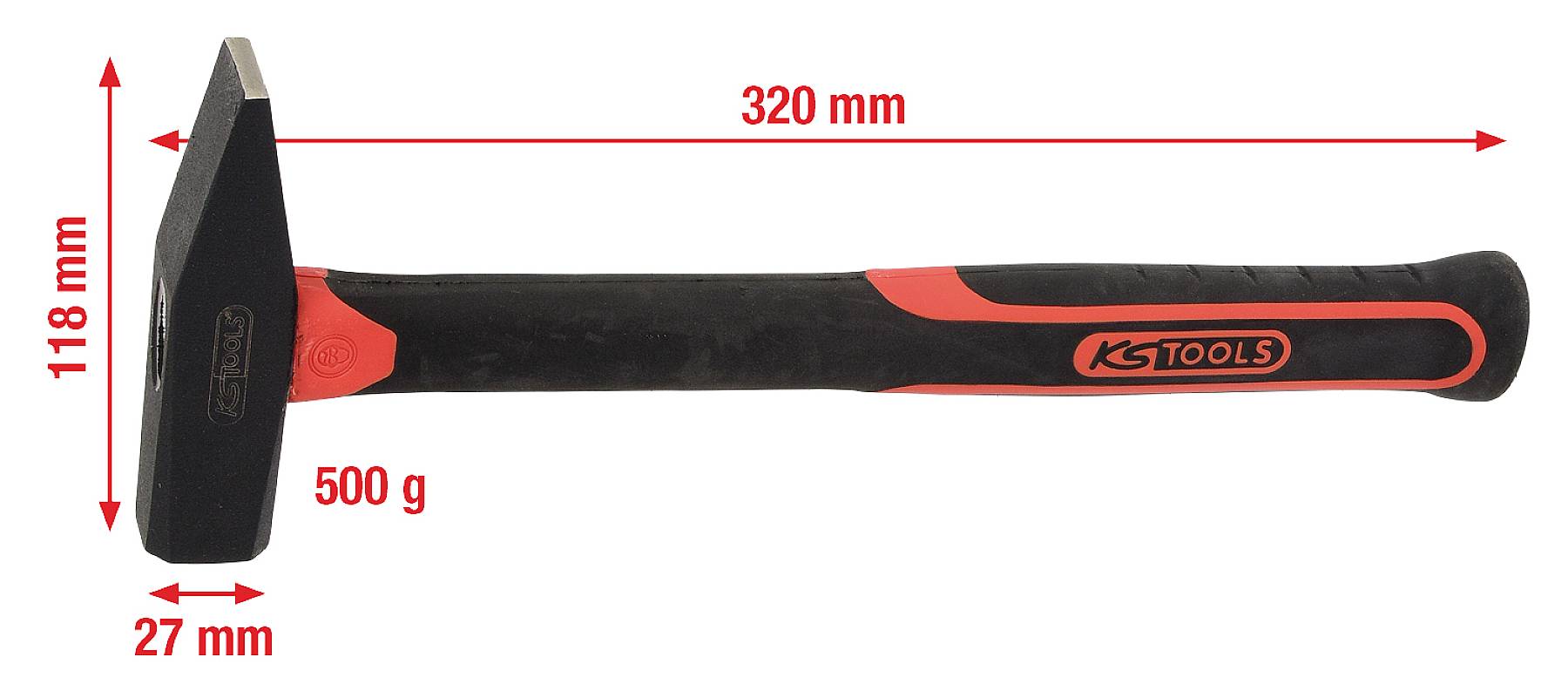 Martello da fabbro con impugnatura in plastica, peso 500 g, lunghezza 320 mm, larghezza testa 27 mm, altezza testa 118 mm. Adatto per lavori artigianali.