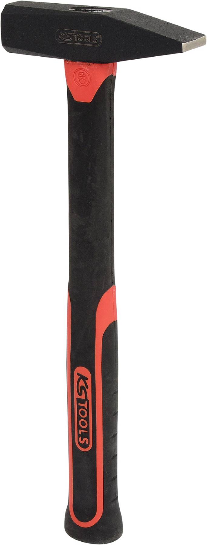 Un martello nero con impugnatura rossa, logo del produttore 'KS Tools' sull'impugnatura.