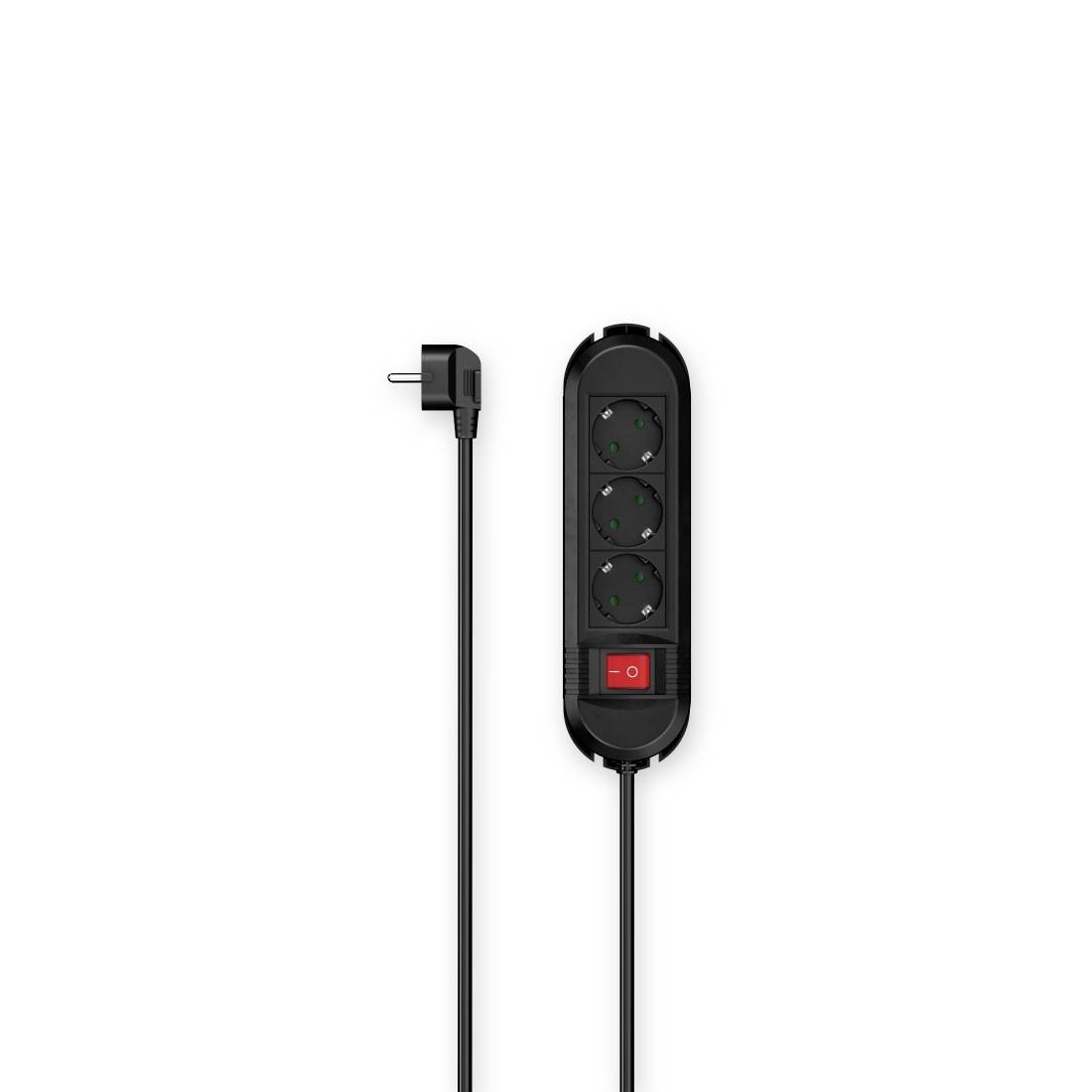 Multipresa nera con tre prese elettriche, interruttore rosso di accensione/spegnimento e cavo di alimentazione.