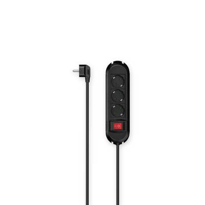 Multipresa nera con tre prese elettriche, interruttore rosso di accensione/spegnimento e cavo di alimentazione.