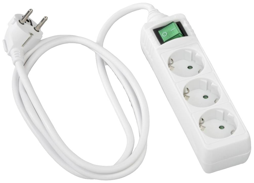 Multipresa a tre prese con interruttore di accensione/spegnimento, collegata a un cavo elettrico bianco.