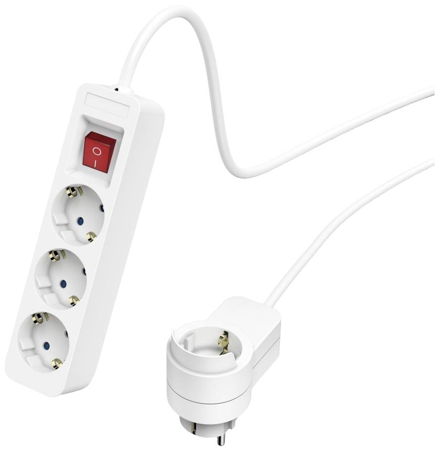 Un adattatore bianco per prese elettriche con cavo, adatto per prese europee, visto frontalmente.