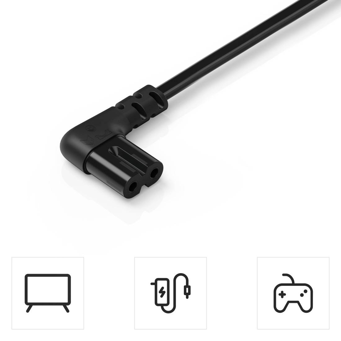 Cavo di rete nero angolato con tre fori, adatto per laptop, smartphone e console di gioco.