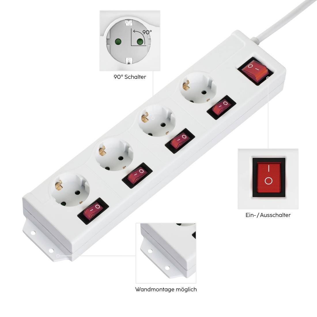 Multipresa con quattro prese Schuko, ciascuna dotata di interruttore indipendente acceso/spento. In alto a destra un interruttore generale supplementare. Possibilità di montaggio a parete.