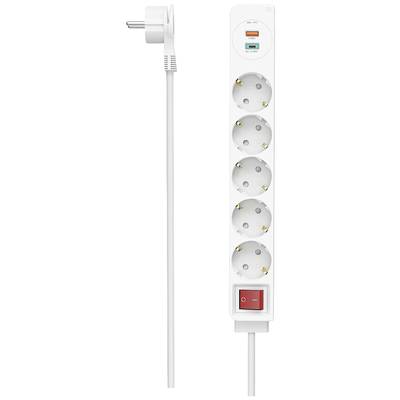 'Multipresa bianca con sei prese elettriche, due porte USB e un interruttore rosso di accensione/spegnimento, collegata a un cavo di alimentazione.'