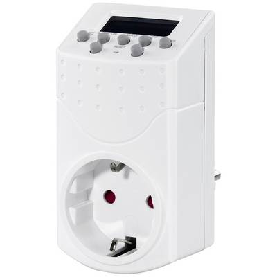 Un timer digitale bianco per prese elettriche, con un display e diversi tasti per programmare gli orari di accensione e spegnimento dei dispositivi.