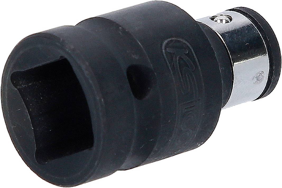 Un adattatore nero per chiavi a cricchetto con apertura quadrata e asta metallica, utilizzato per collegare utensili con accessori.