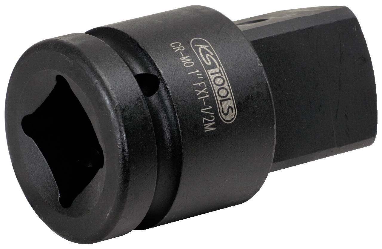 Un adattatore nero per perni in materiale robusto, contrassegnato con 'KS Tools', per collegare utensili con diverse dimensioni di azionamento.