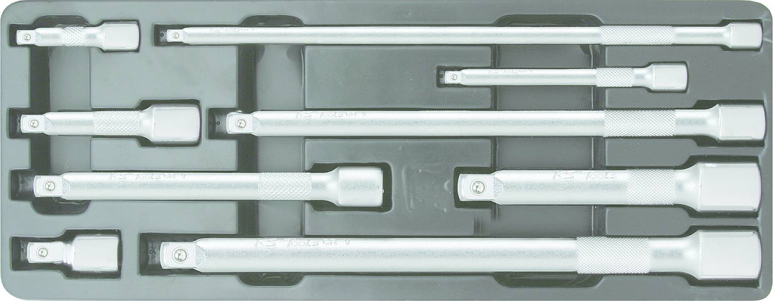 Un set di aste di prolunga in metallo di diverse dimensioni, ordinatamente disposte in una scatola di plastica.