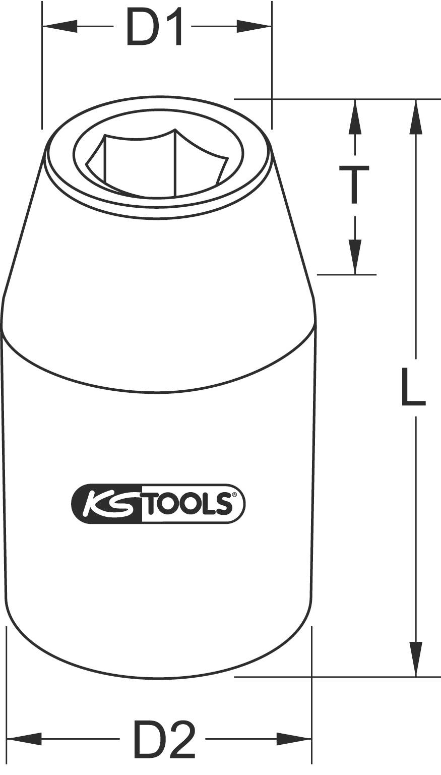 Illustrazione di un attacco per chiave a bussola con le dimensioni D1, D2, T e L. Il logo 'KS Tools' è raffigurato sul lato dell'attacco.
