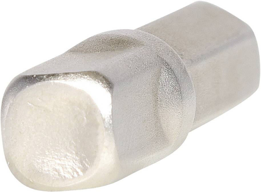 Inserimento metallico di forma esagonale e superficie lucente, probabilmente un componente di ricambio o di connessione per applicazioni tecniche.