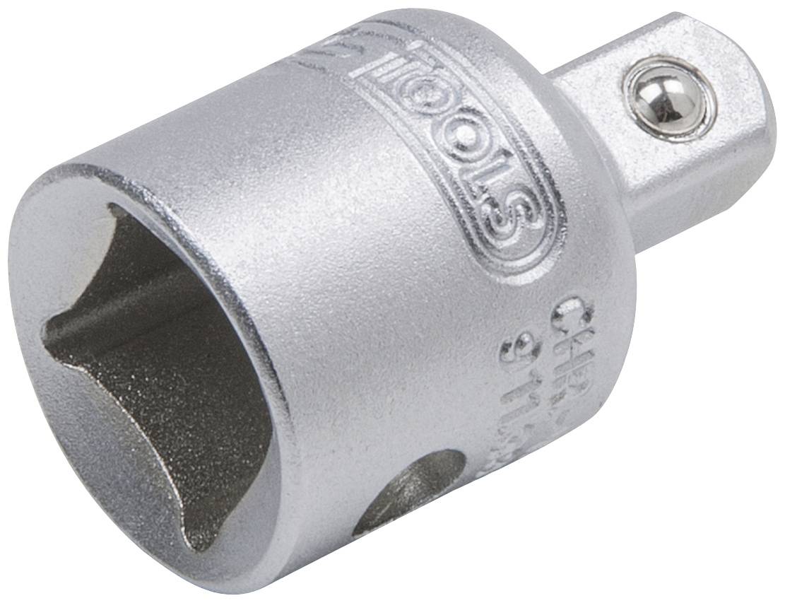 Adattatore metallico per chiavi a bussola, con estremità quadrata e apertura circolare, per collegare utensili di dimensioni diverse.