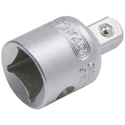 Adattatore metallico per chiavi a bussola, con estremità quadrata e apertura circolare, per collegare utensili di dimensioni diverse.