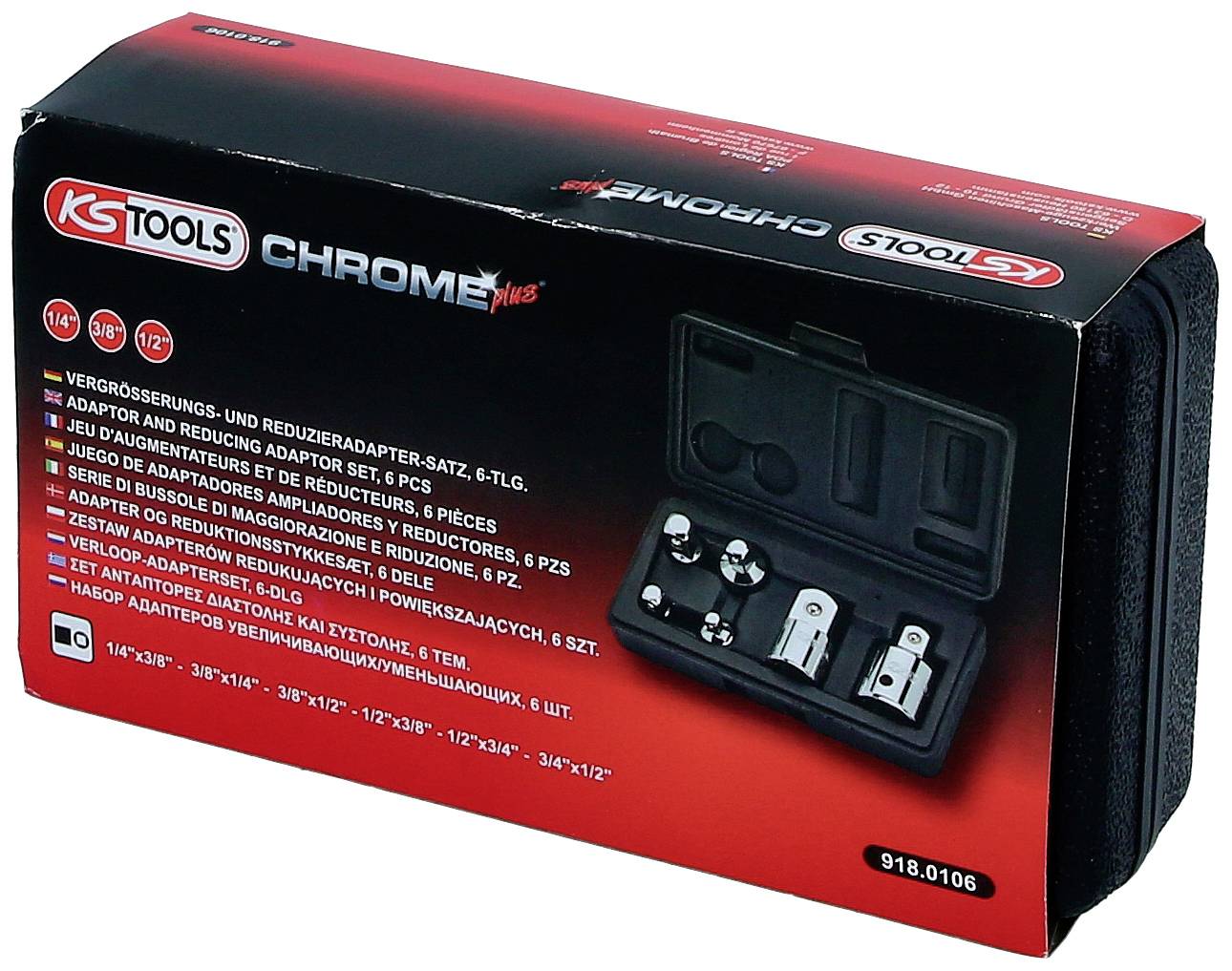 Set di adattatori 'KS Tools Chrome plus' con riduzioni ed estensioni in un astuccio nero, 6 pezzi, con indicazioni delle dimensioni.
