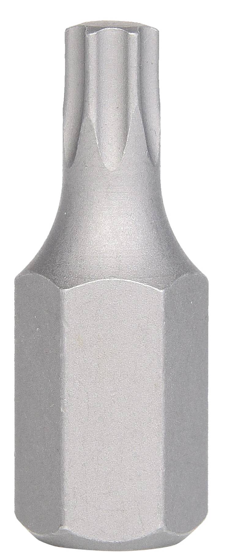 Bit per cacciavite Torx metallico in primo piano, adatto a tipi specifici di viti in ingegneria meccanica e progetti fai-da-te.