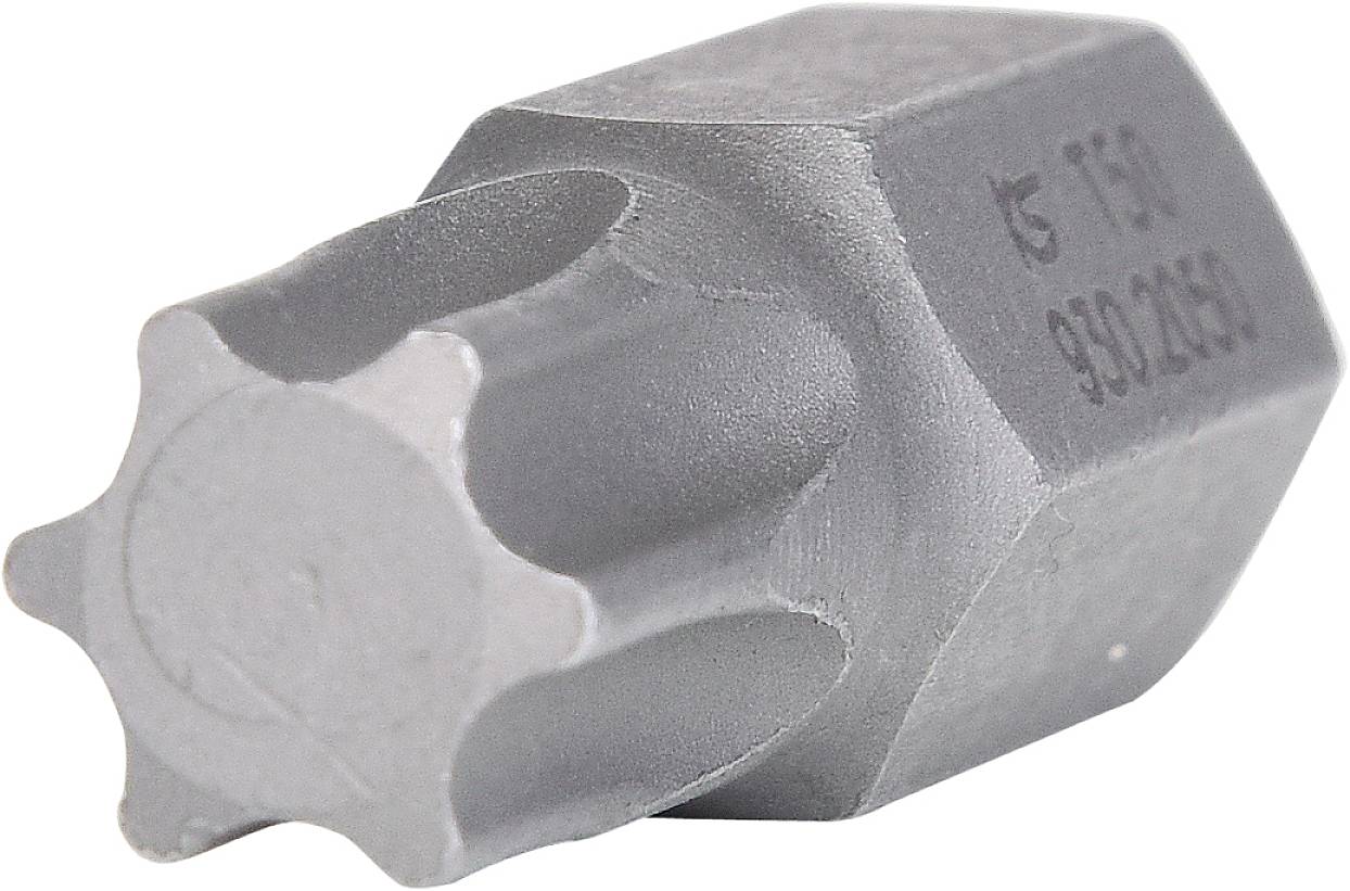 Testa metallica esagonale, probabilmente un utensile o un accessorio, con incisione sul lato, su sfondo bianco.