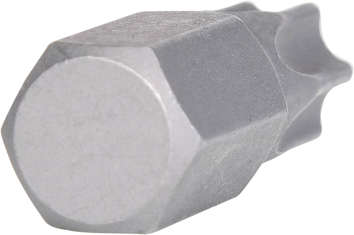 Un singolo utensile metallico grigio, probabilmente un'estensione per avvitare, giace su una superficie bianca.
