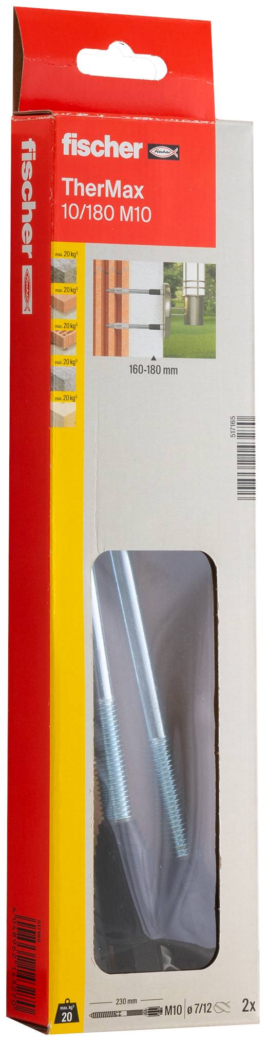 Confezione di Fischer TherMax 10/180 M10, un set composto da tassello e vite per il fissaggio di oggetti in materiale isolante.