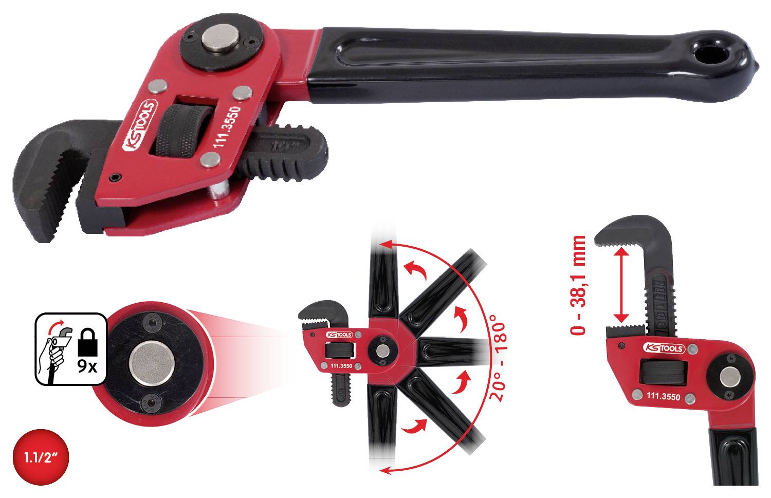 Una chiave inglese regolabile in rosso e nero, che mostra diverse viste e dimensioni utilizzabili da 0 a 38,1 mm, con un angolo di rotazione da 200° a 180°.