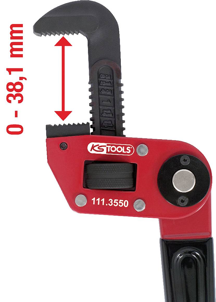 'Pinza regolabile rossa con mascelle regolabili. Apertura: da 0 a 38,1 mm. Marca: KS Tools.'
