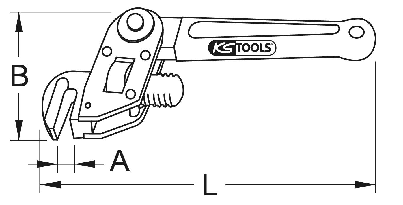 Un disegno tecnico di una chiave inglese Stillson con le dimensioni A, B e L.